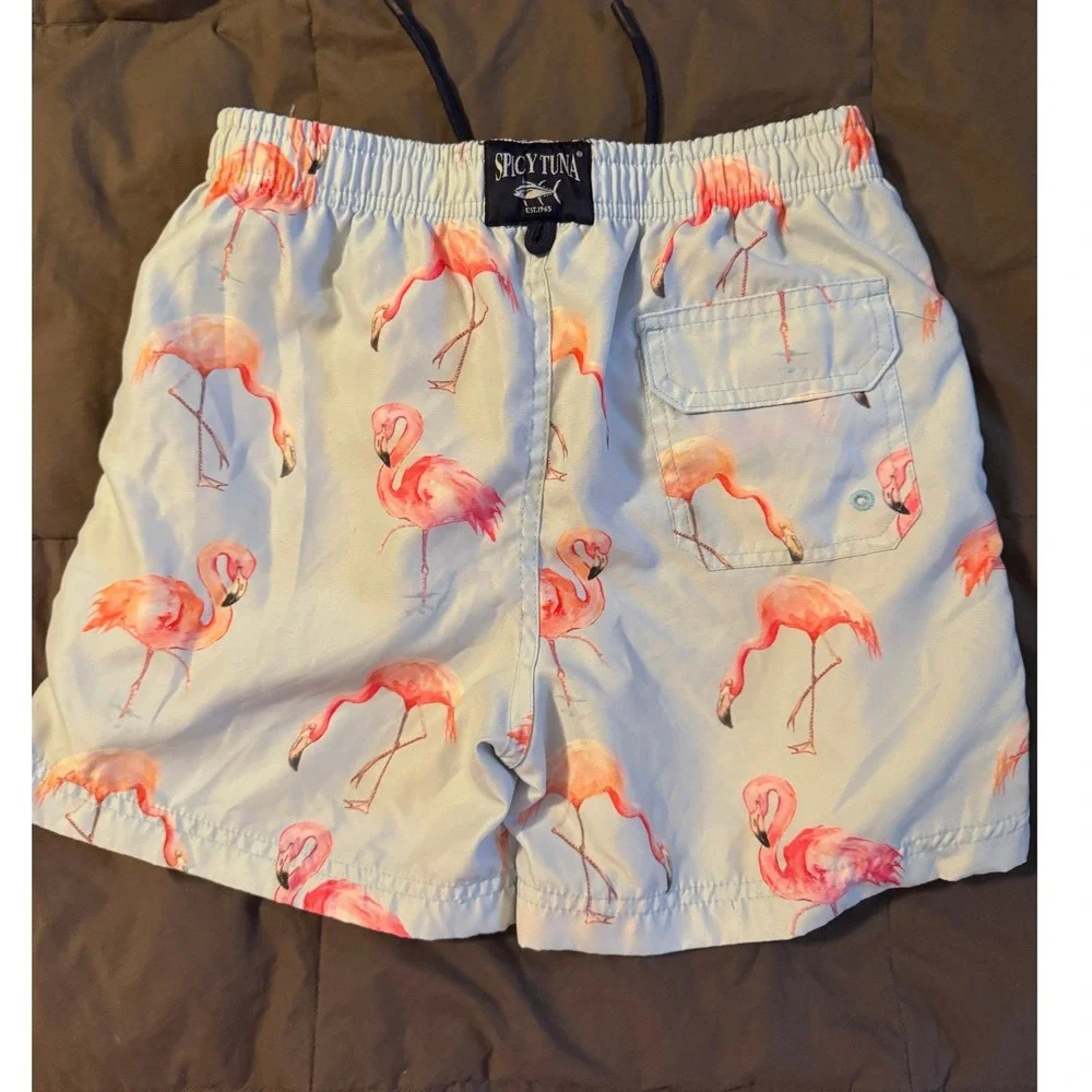 Spicy Tuna Boys Pink Flamingo Swim Trunks Blue Tropical Board Shorts Size 14